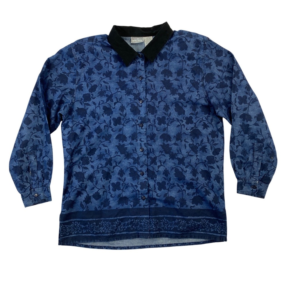 Vintage New Look Floral Button Down Shirt Sz XL Blue Long Sleeve Top Jacket